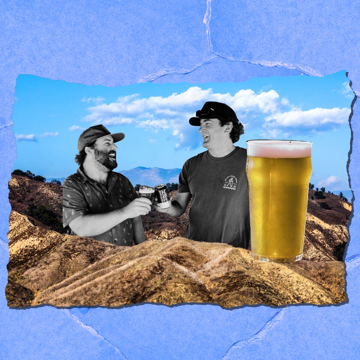 Two men hold beers; they are surrounded by mountains.