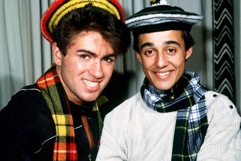Wham pop group at Daily Record Offices, Glasgow, Scotland, 1983. (Photo by Daily Record/Mirrorpix/Getty Images)