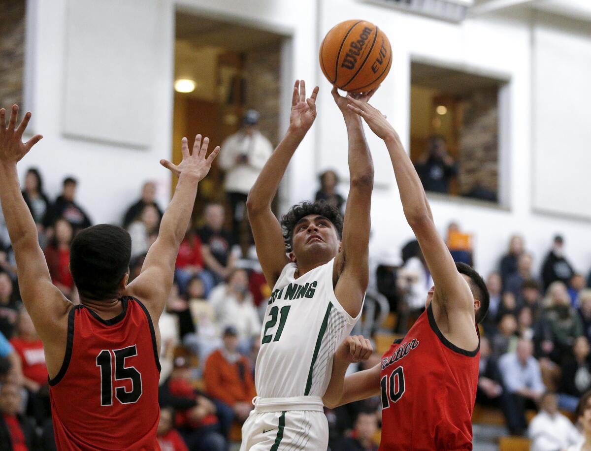 Sage Hill's Shaan Patel (21), shown shooting in the first round of the playoffs against Whittier, scored seven points Friday.