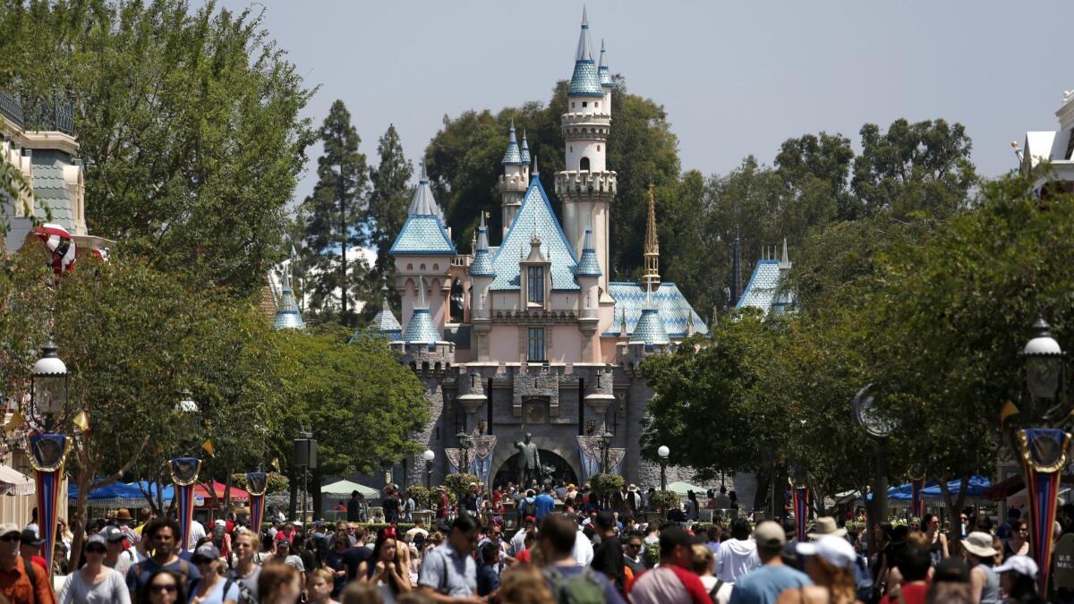 A view of Sleeping Beauty Castle from Main Street at Disneyland in Anaheim.