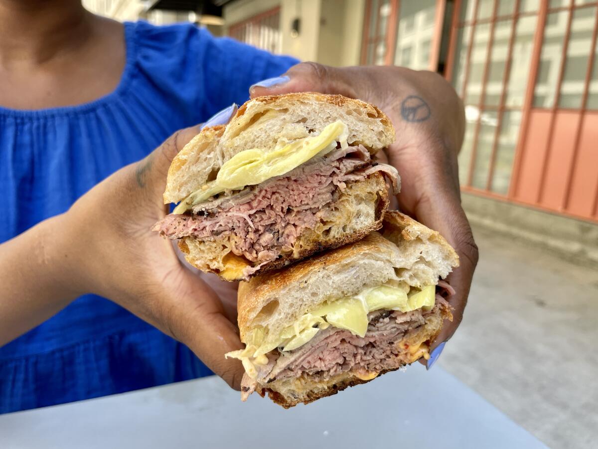 The roast beef sandwich from Pane Bianco at the Row in Downtown L.A.
