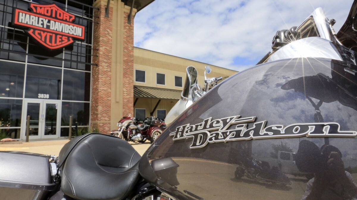 A Harley-Davidson motorcycle parked outside the Dillon Brothers Harley Davidson dealership in Omaha.