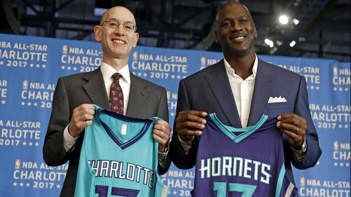 Hornets Chairman Michael Jordan, right, and NBA Commissioner Adam Silver appear to agree that Charlotte is not ready to host the 2017 All-Star game.