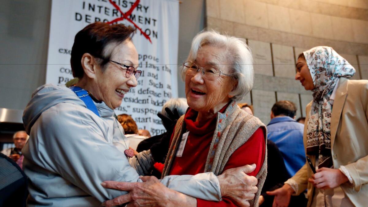 Yae Aihara of Los Angeles and Haru Kuromiya of South Pasadena -- who were both incarcerated in Crystal City, Texas -- meet Saturday at the remembrance after decades of not seeing each other.