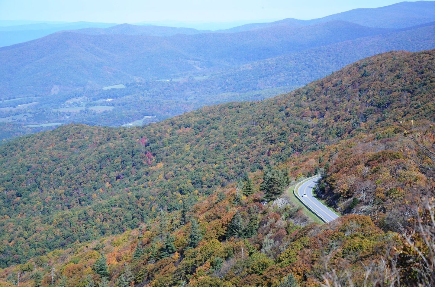 A tiny stretch of road is visible Oct. 20 from Little Stony Man Trail, along the Appalachian Trail near Skyland Resort, Shenandoah National Park, Va.