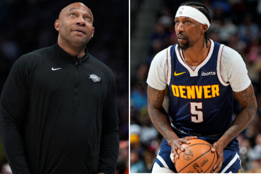 A split image of former Lakers coach Darvin Ham and NBA player Kentavious Caldwell-Pope