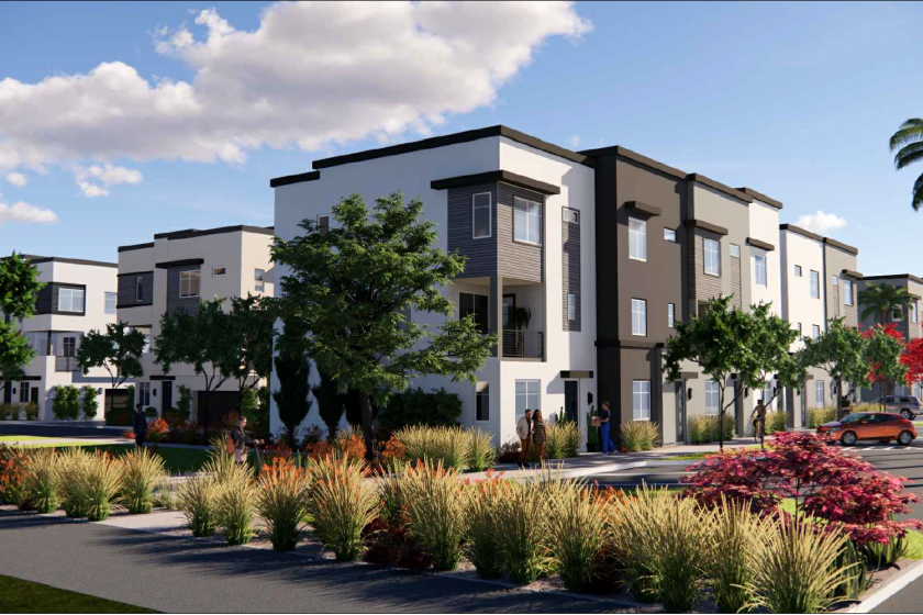 A rendering of the 130-unit townhome project in Huntington Beach, located at 7225 Edinger Ave.