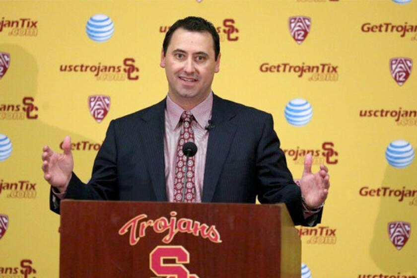 Steve Sarkisian was introduced as the USC Trojans' new football coach Tuesday.