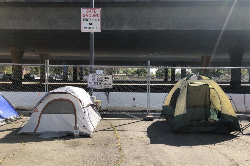 The tents sit in a new city-sanctioned "safe ground" for homeless people in Sacramento.