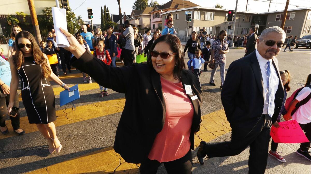 School board President Monica Garcia, pictured in 2017 at a walk-to-school event, said Monday that she will run for the Los Angeles City Council seat that will be vacated next year by Councilman Jose Huizar.