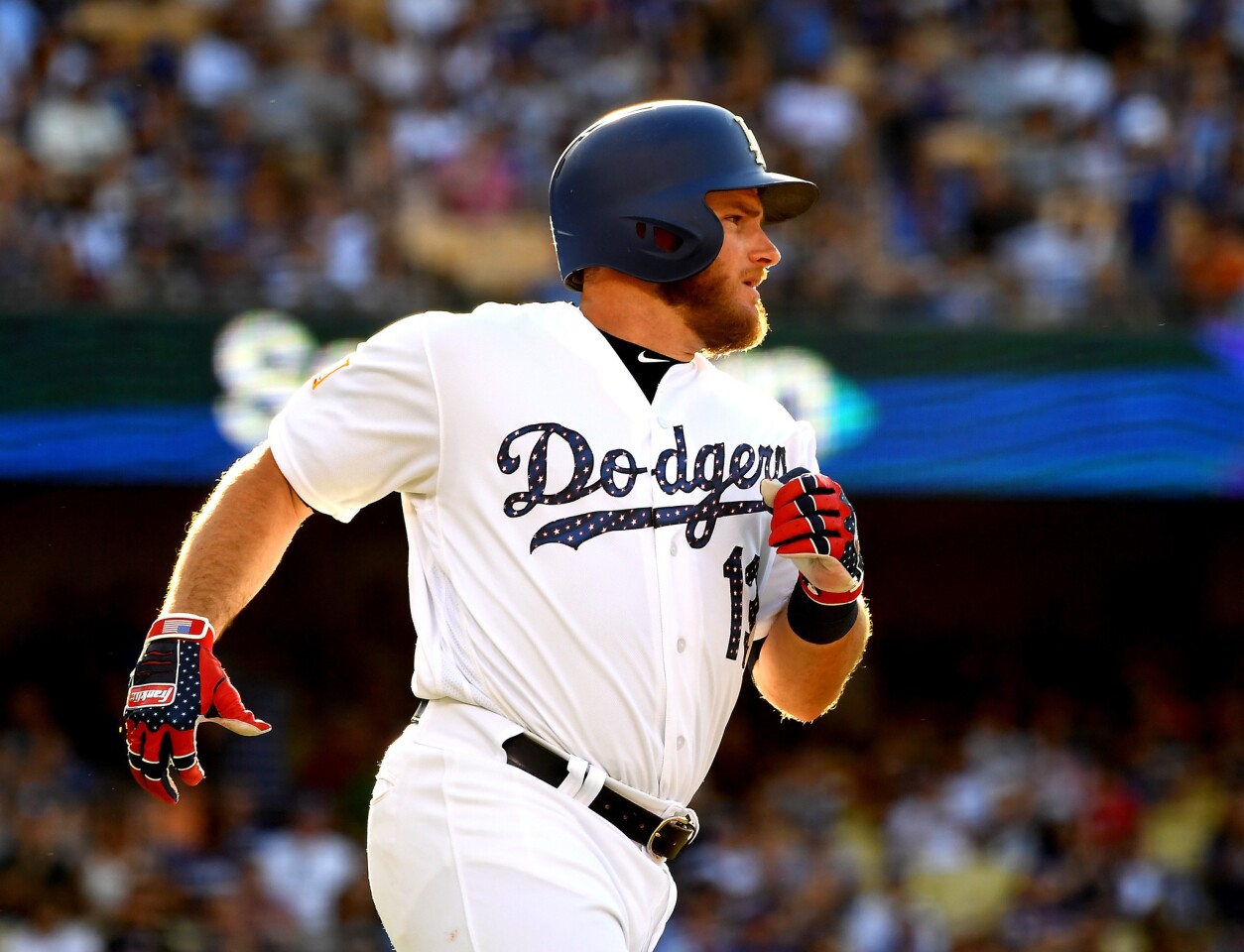 LOS ANGELES, CA - JULY 04: Max Muncy #13 of the Los Angeles Dodgers runs to first base on a single in the third inning of the game against the Pittsburgh Pirates at Dodger Stadium on July 4, 2018 in Los Angeles, California. (Photo by Jayne Kamin-Oncea/Getty Images) ** OUTS - ELSENT, FPG, CM - OUTS * NM, PH, VA if sourced by CT, LA or MoD **