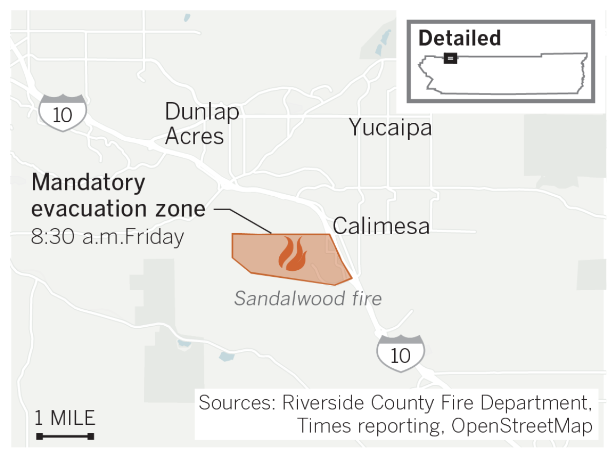 Mandatory evacuations remain in place for the Sandalwood fire in Calimesa, which had grown to 823 acres and was 10% contained as of 7:30 a.m. Friday.