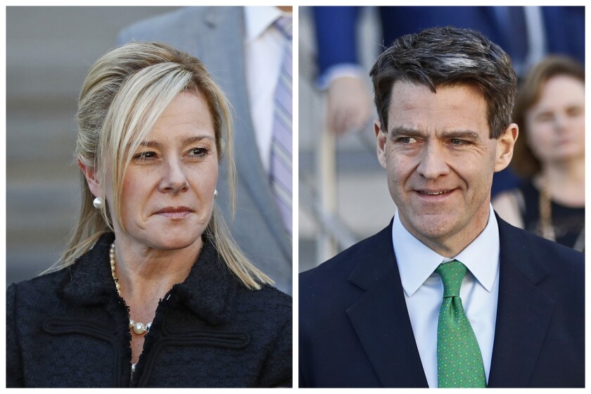 FILE - This combination of March 29, 2017 file photos shows Bridget Kelly, left, and Bill Baroni leaving federal court after sentencing in Newark, N.J. The U.S. Supreme Court will hear arguments Tuesday on whether to throw out the convictions of the two former aides to former Republican Gov. Chris Christie in New Jersey's 'Bridgegate' case. Baroni and Kelly have argued their actions may have unethical but weren't criminal. The court's decision, expected this spring, could have a far-reaching impact on how public corruption investigations are handled. (AP Photo/Julio Cortez, File)