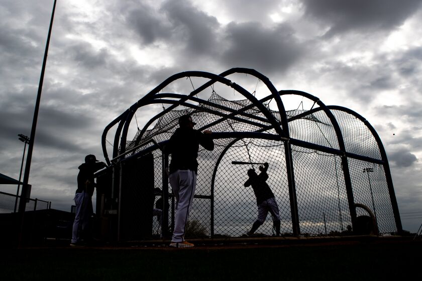 Peoria, AZ - February 21: Padres center fielder Trent Grisham (1) bats during a spring training practice at the Peoria Sports Complex on Tuesday, Feb. 21, 2023 in Peoria, AZ. (Meg McLaughlin / The San Diego Union-Tribune)