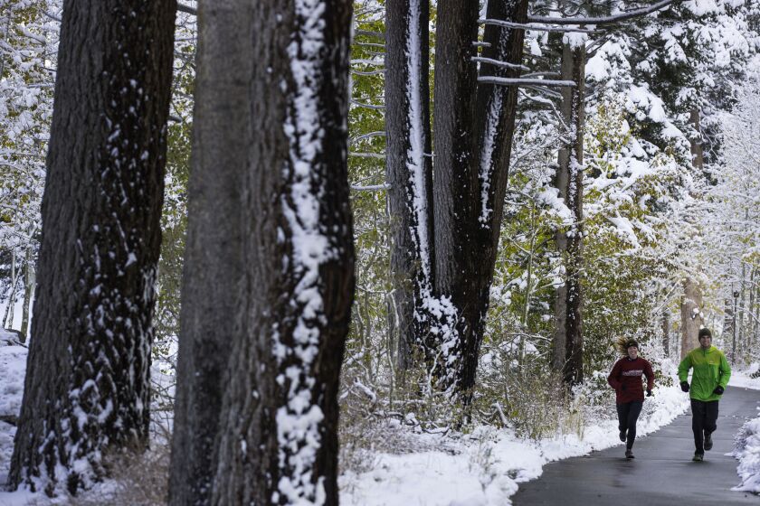 A couple run on a trail after a fall Sierra Nevada storm dropped nearly a foot of snow at Mammoth Mountain and less in town in Mammoth Lakes.