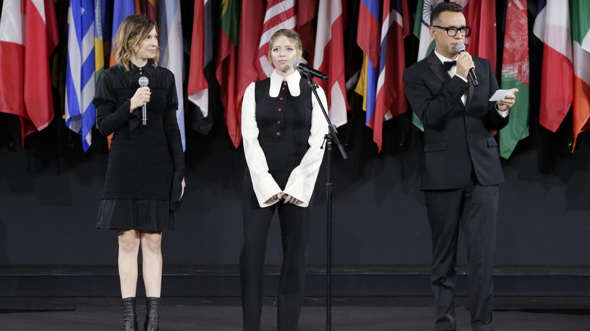 Carrie Brownstein, left, Natasha Lyonne and Fred Armisen at Opening Ceremony's Pageant of the People on Sept. 11 during New York Fashion Week.