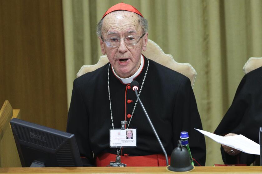 Cardinal Claudio Hummes speaks at the Amazon synod, at the Vatican, Monday, Oct. 7, 2019. Pope Francis has told South American bishops to speak "courageously" at a meeting on the Amazon, where the shortage of priests is so acute the Vatican is considering ordaining married men and giving women official church ministries. (AP Photo/Andrew Medichini)