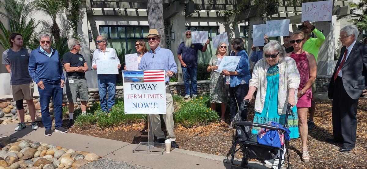Arthur “Tony” Blain, a Poway City Council candidate, announces a term limits petition with supporters at a news conference.