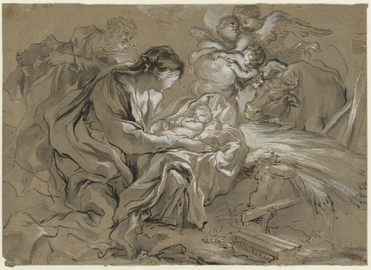 Gregorio de’Ferrari, The Nativity, 1675, pen and brown ink, brown wash, heightened with white, on light brown paper