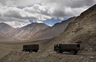 Indian army trucks near the India-China border.