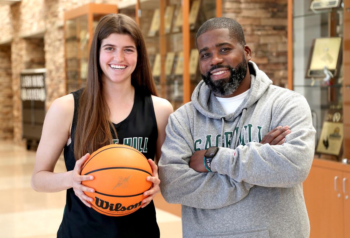 Sage Hill senior point guard Isabel Gomez and Lightning head coach Kerwin Walters.