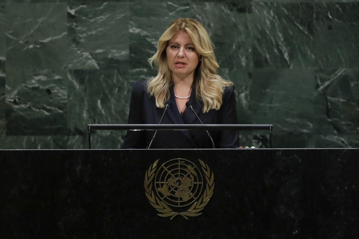 FILE - In this Tuesday, Sept. 24, 2019 file photo, Slovakia's President Zuzana Caputova addresses the 74th session of the United Nations General Assembly, at the United Nations headquarters. Slovakia’s top court ruled on Wednesday, July 7, 2021 that a nationwide referendum cannot be held on the question whether to call early parliamentary elections. The Constitutional Court’s ruling was requested by Caputova after she received over 585,000 signatures from Slovak citizens calling for the snap vote in a petition proposed by the opposition due to the government’s handling of the coronavirus pandemic. (AP Photo/Frank Franklin II, file)