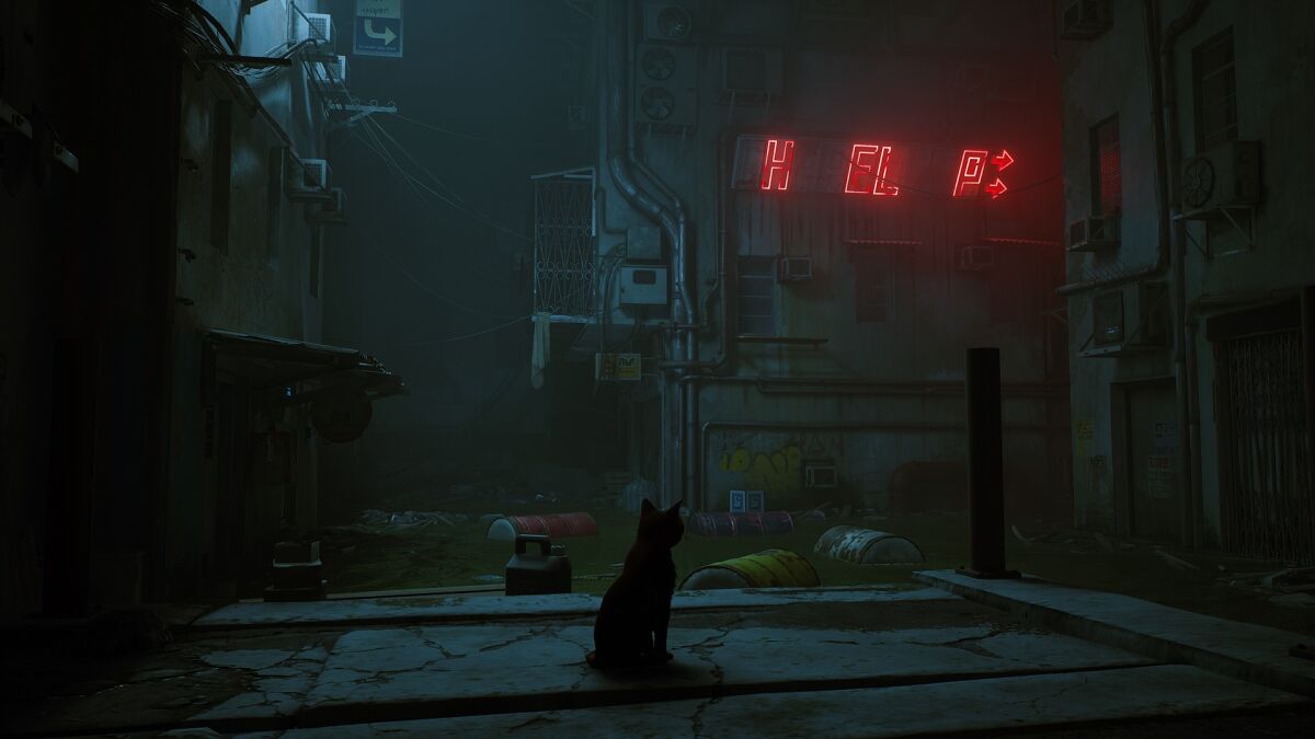Video game image of cat silhouetted beneath a partially burned out neon sign spelling "help."