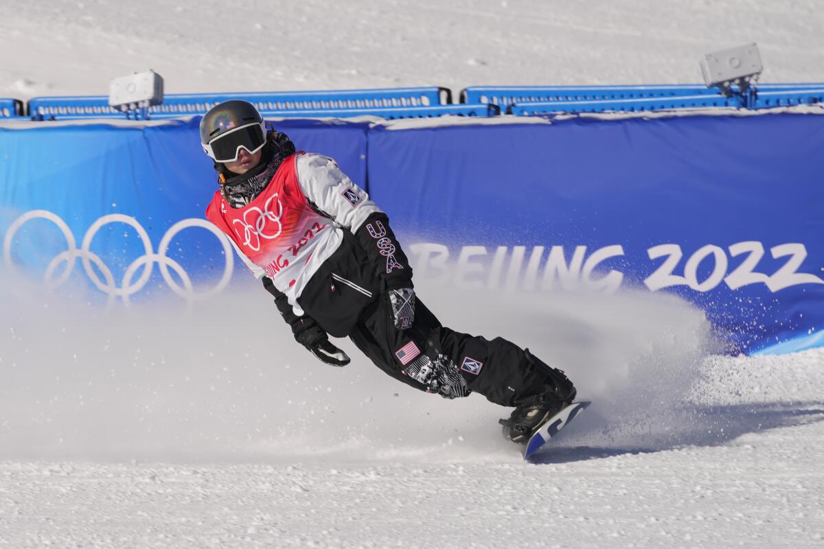 U.S. snowboarder Hailey Langland competes in women's slopestyle qualifying.