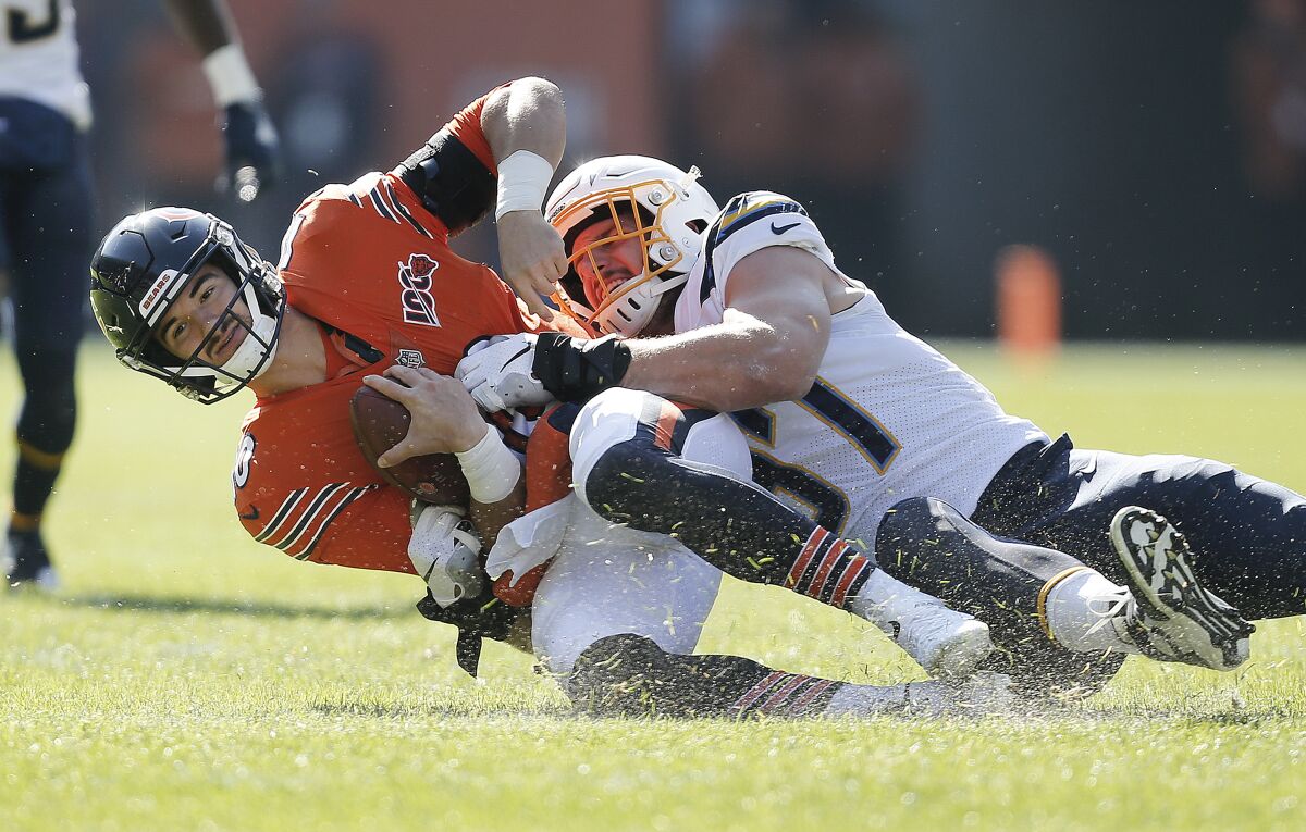 Chargers defensive end Joey Bosa sacks Chicago Bears quarterback Mitchell Trubisky.