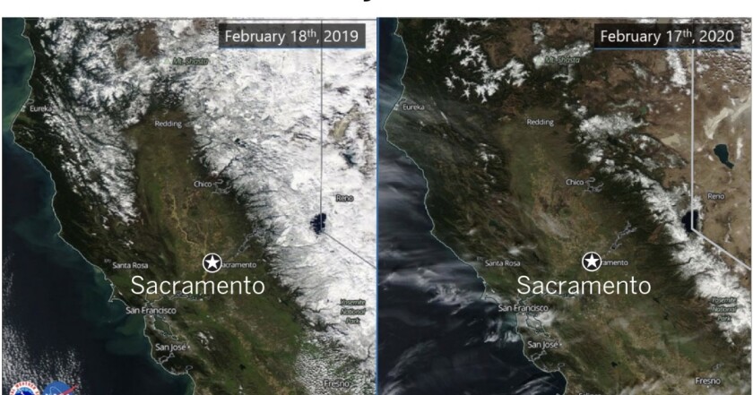 Satellite images released in February by the National Weather Service office in Sacramento show what a difference a year makes in terms of Sierra snowfall..