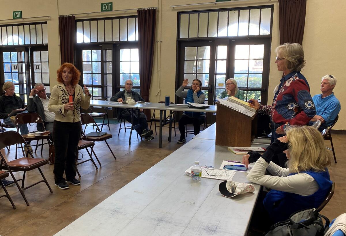 During the Feb. 24 La Jolla Parks & Beaches meeting at the Recreation Center, La Jolla Village Merchants Association executive director Jodi Rudick (left) attempts to convince the board not to pass a moratorium on recommending new, for-profit events in Scripps Park.