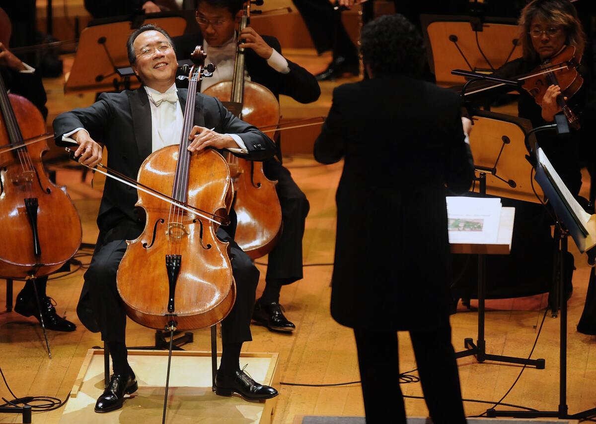 Cellist Yo-Yo Ma performs with the Los Angeles Philharmonic at Walt Disney Concert Hall in 2013.