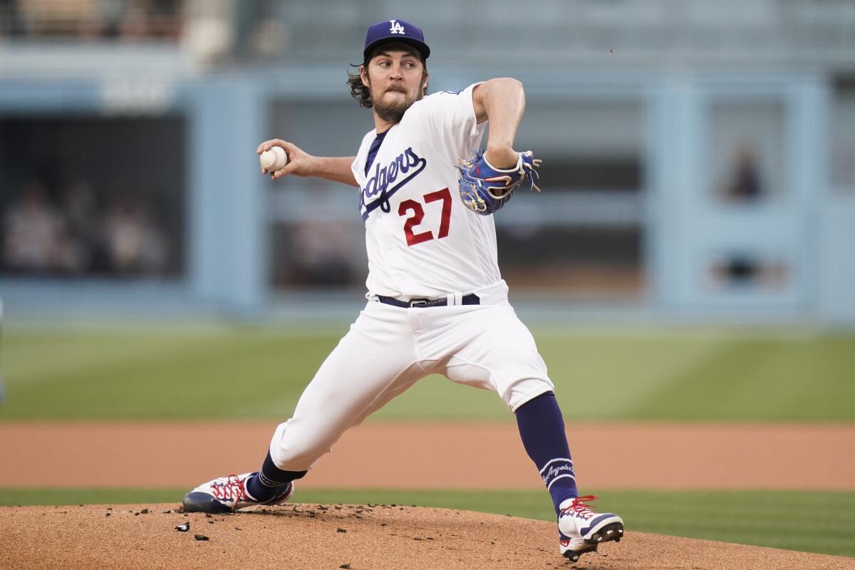 Dodgers starting pitcher Trevor Bauer throws against the San Francisco Giants on June 28, 2021, in Los Angeles.