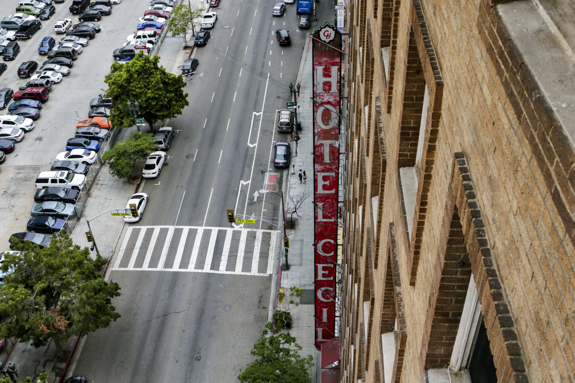 A view of the Cecil Hotel in downtown Los Angeles.