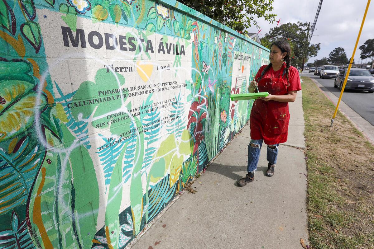 Artist Alicia Rojas paints over a vandal's racist tags on a mural at the corner of Baker Street and Killybrooke Lane. 