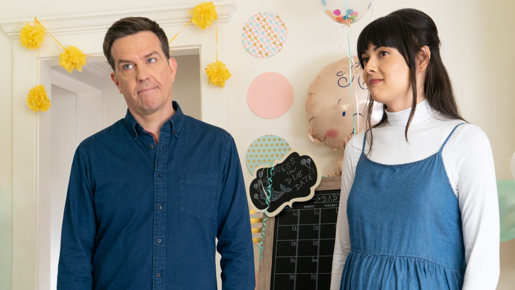 Ed Helms, left, and Patti Harrison in "Together Together," premiering as part of the 2021 Sundance Film Festival.