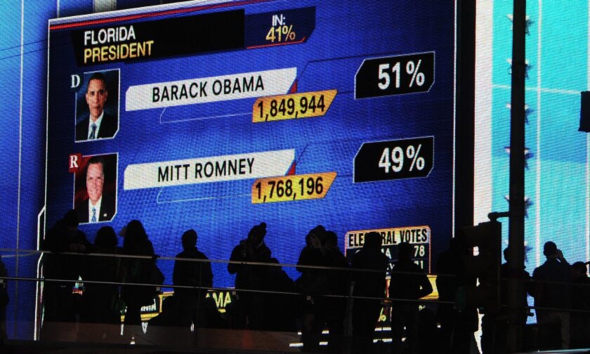 People watch large screens in Times Square as results in the 2012 presidential election are broadcast.