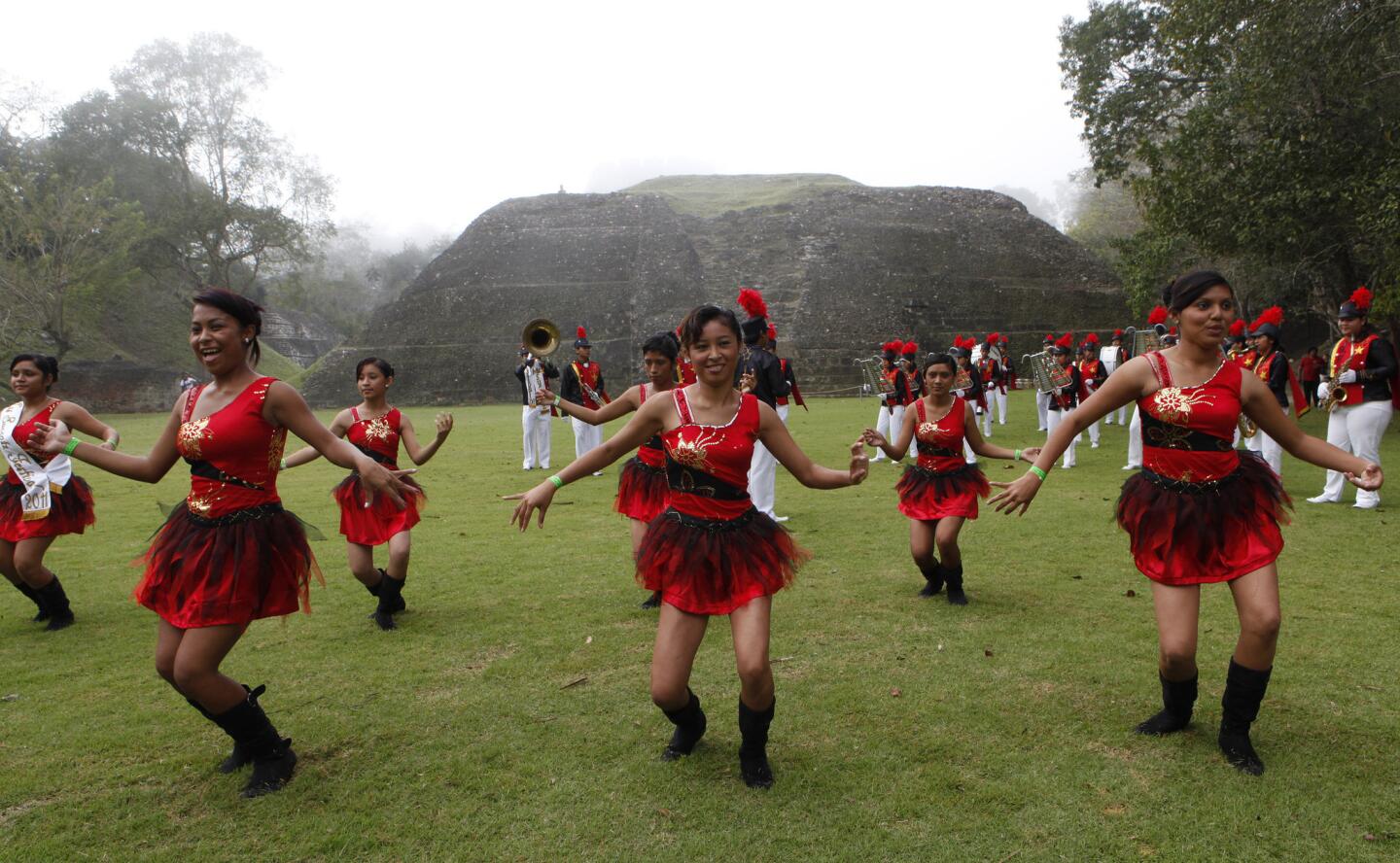 Dancers from the Succotz Festival Drum Corps practice before Britain's Prince Harry visits the Xunantunich Mayan ruin near Benke Viejo, Belize March 3, 2012.