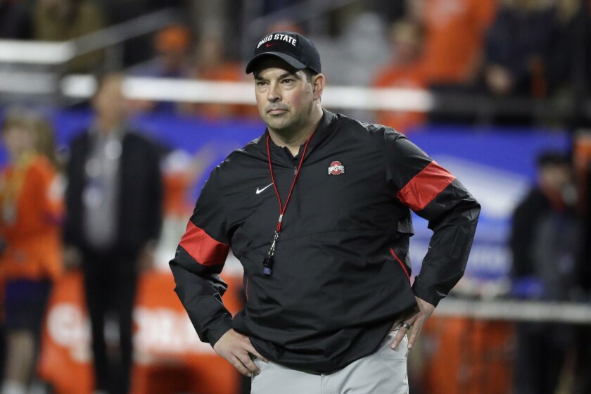 FILE - Ohio State head coach Ryan Day watches during the first half of the Fiesta Bowl NCAA college football game against Clemson in Glendale, Ariz., in this Saturday, Dec. 28, 2019, file photo. The National signing day period begins Wednesday, Feb. 3, 2021. (AP Photo/Rick Scuteri, File)