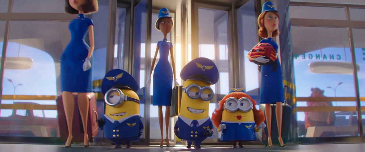Two animated yellow blobs in pilot suits and one in a flight attendant suit walk in front of three animated flight attendants