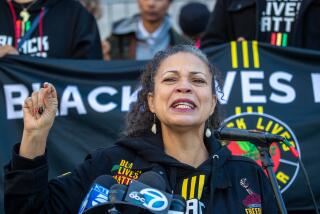 Los Angeles , CA - January 17:Black Lives Matter co-founder Melina Abdullah speaks at a press conference on the steps of City Hall on Tuesday, Jan. 17, 2023 in Los Angeles , CA. (Irfan Khan / Los Angeles Times)