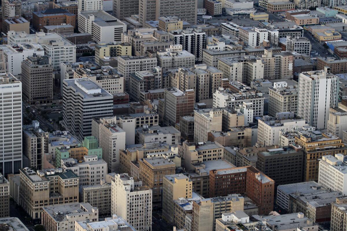 An aerial view of downtown Los Angeles from the Goodyear Blimp on Thurs., May 27, 2010.