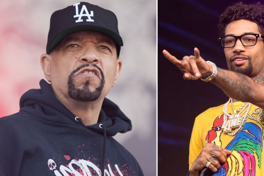 A split image of two rappers, one older and one young
