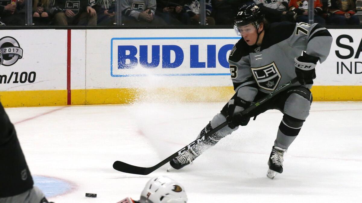 Kings center Tyler Toffoli shoots and scores against the Ducks at Staples Center on Feb. 25.