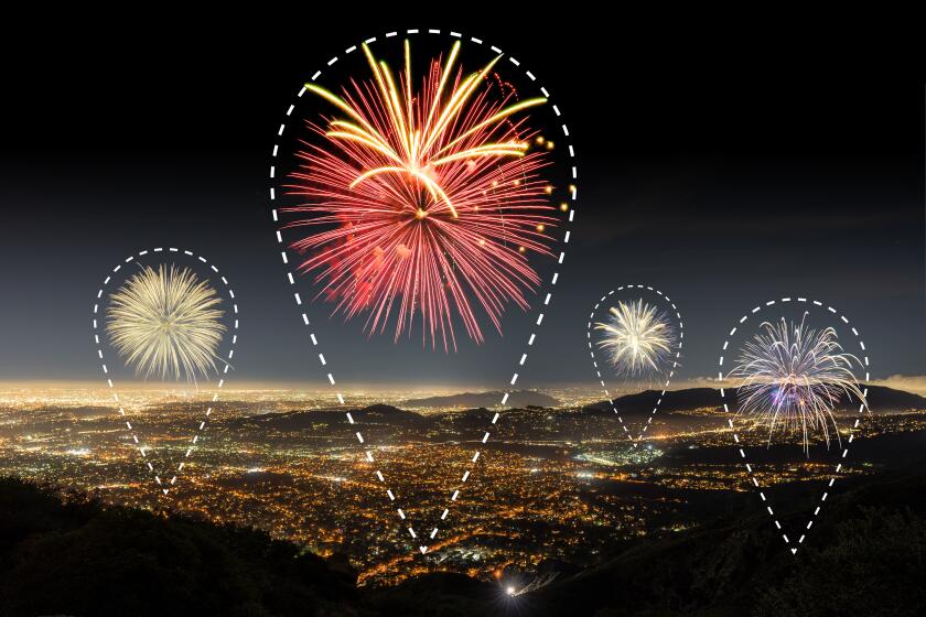 photo illustration of map pins over a night view of Los Angeles with with firework displays inside each pin.