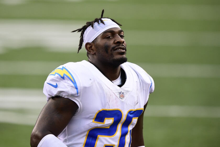 Chargers defensive back Desmond King looks on during a game.