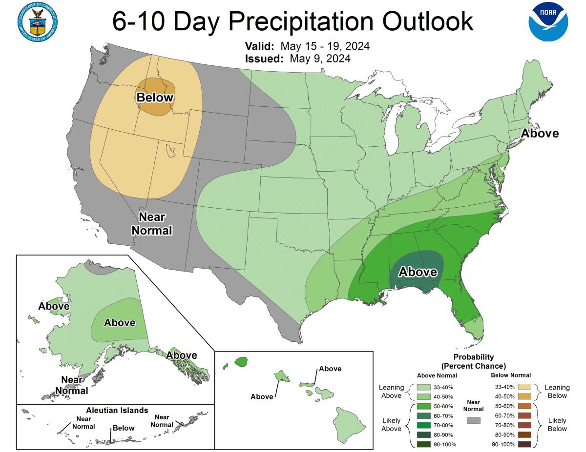 The six- to 10-day precipitation outlook from the National Oceanic and Atmospheric Administration, valid from May 15 to 19.