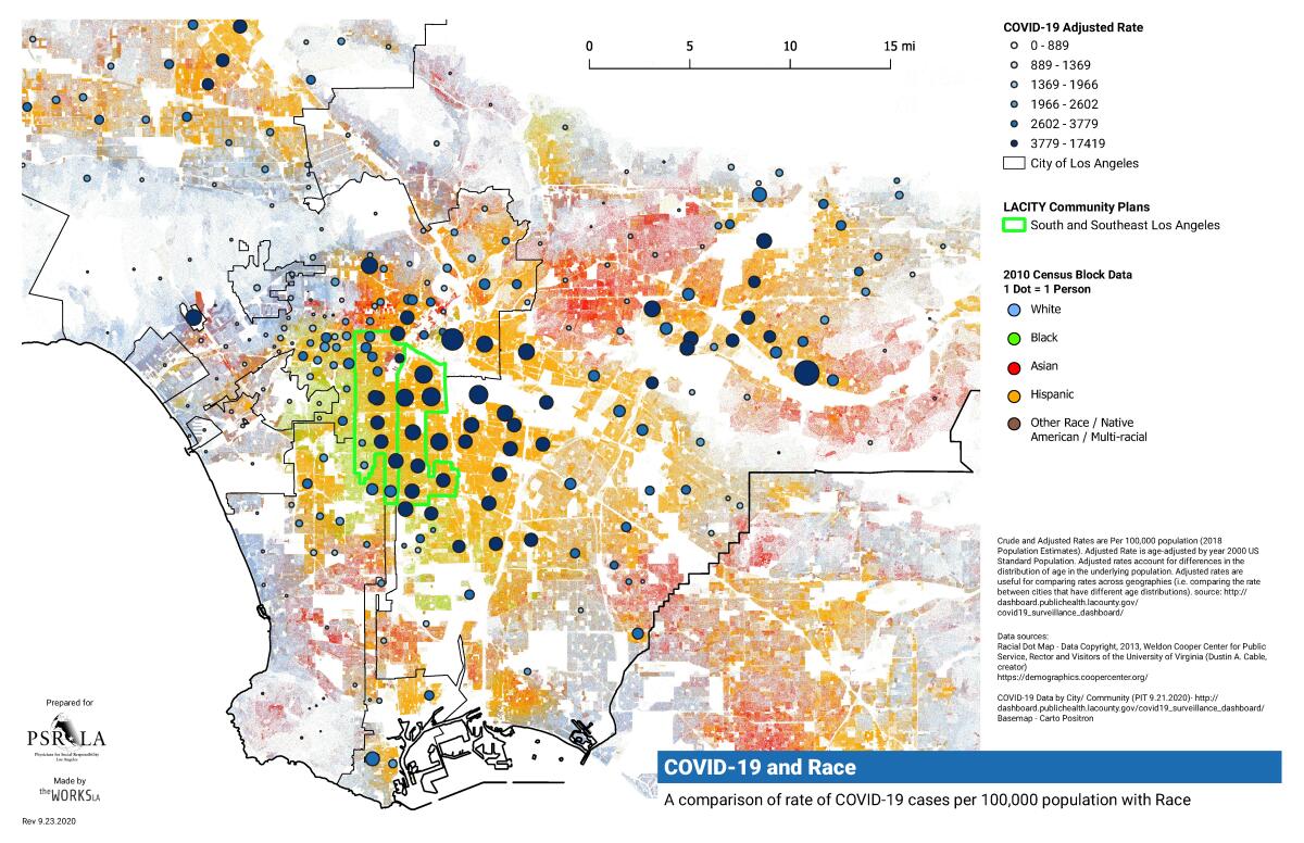 Map showing COVID-19 case counts overlaid on racial makeup of Los Angeles County.