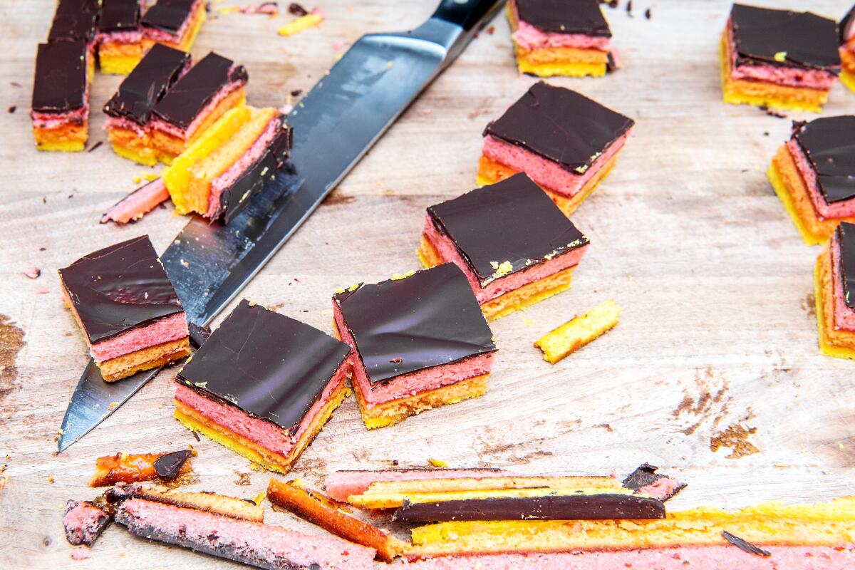 Squares of rainbow cookies, made by author Adam Roberts to celebrate Pride.