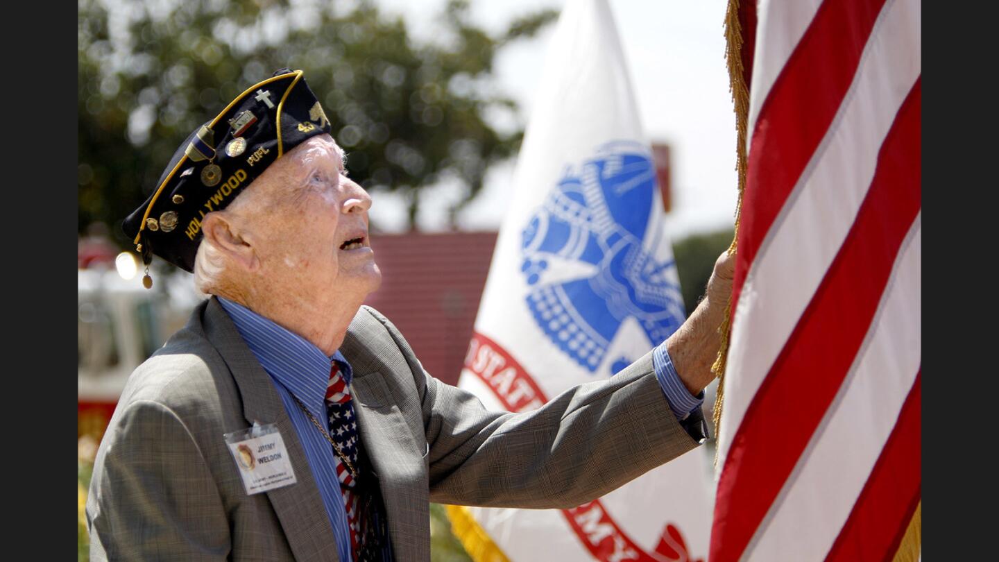 World War II U.S. Army veteran Jimmy Weldon, from American Lewgion Hollywood Post 43, gave the flag salute/presentation of Old Glory, at the Memorial Day Ceremony at McCambridge Park War Memorial in Burbank on Monday, May 29, 2017. The event was presented by the city of Burbank and the Burbank Veterans Committee.